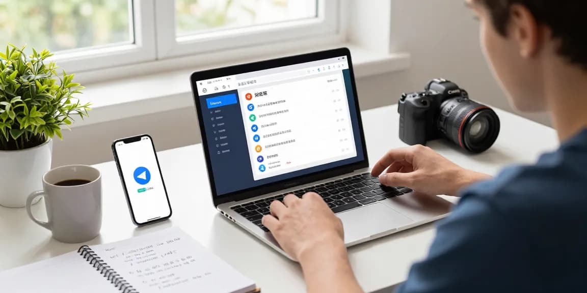 Adjusting Telegram Chinese language settings on a laptop in a bright workspace
