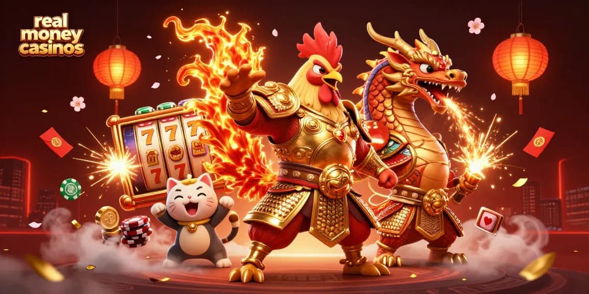Engage in real money casinos with exciting winning moments featuring a warrior rooster, dragon, and fortune cat.