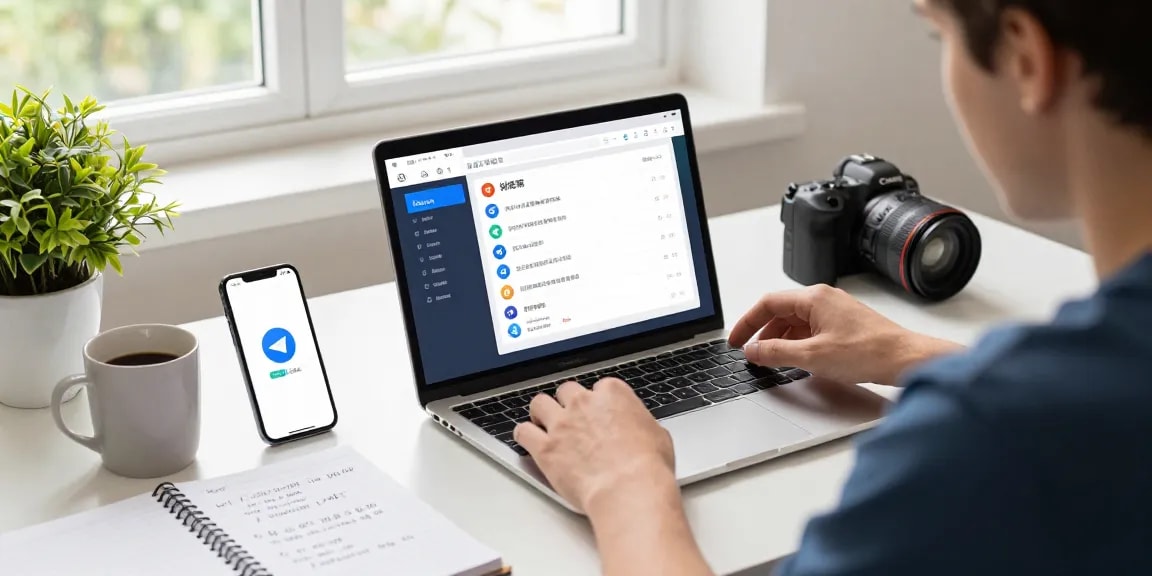 Adjusting Telegram Chinese language settings on a laptop in a bright workspace