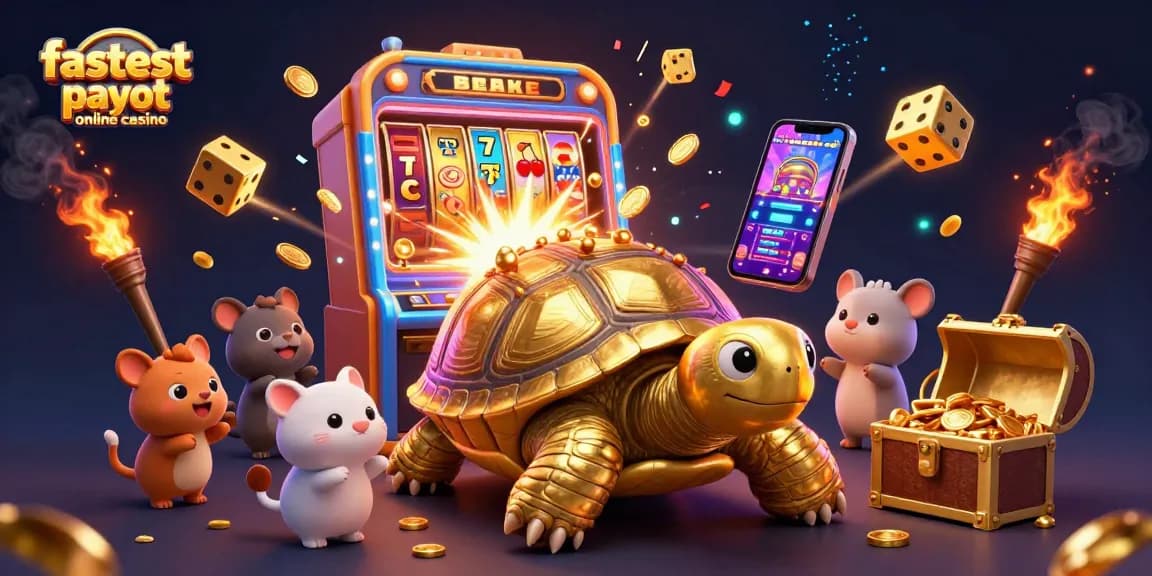 Excited animals lining up to play in the fastest payout online casino with a golden tortoise pinball machine.