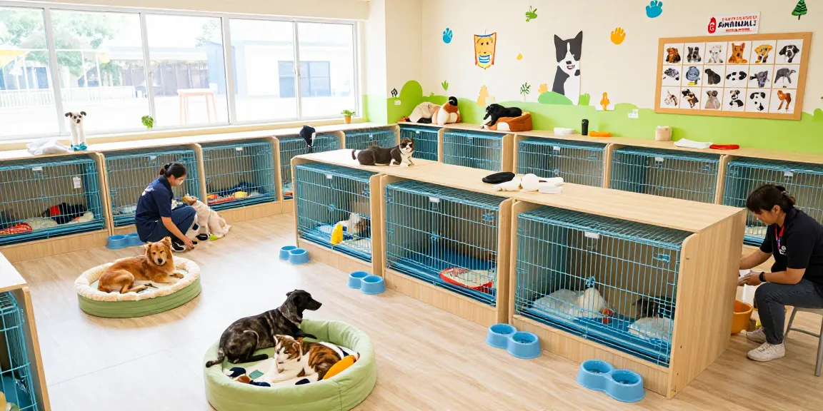 Pet Boarding Cages in a vibrant animal shelter showcasing a secure and welcoming environment for pets.