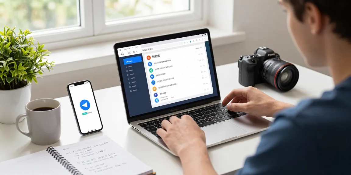 Adjusting Telegram Chinese language settings on a laptop in a bright workspace