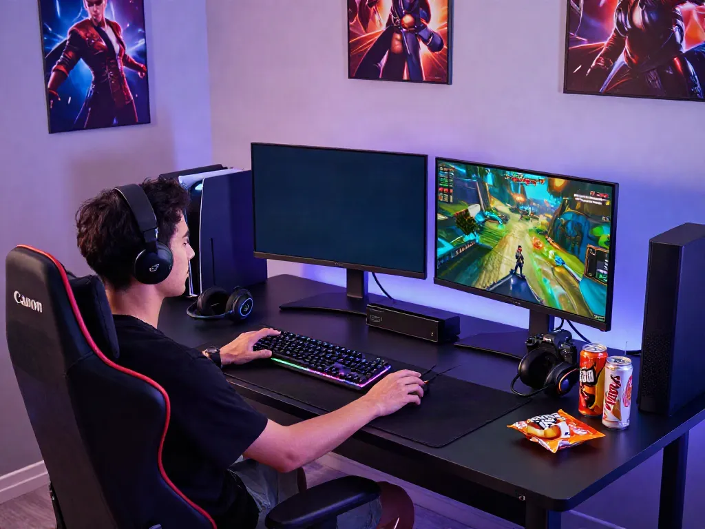 rokok88 login in a vibrant gaming setup featuring RGB lighting, mechanical keyboard, and dual monitors.