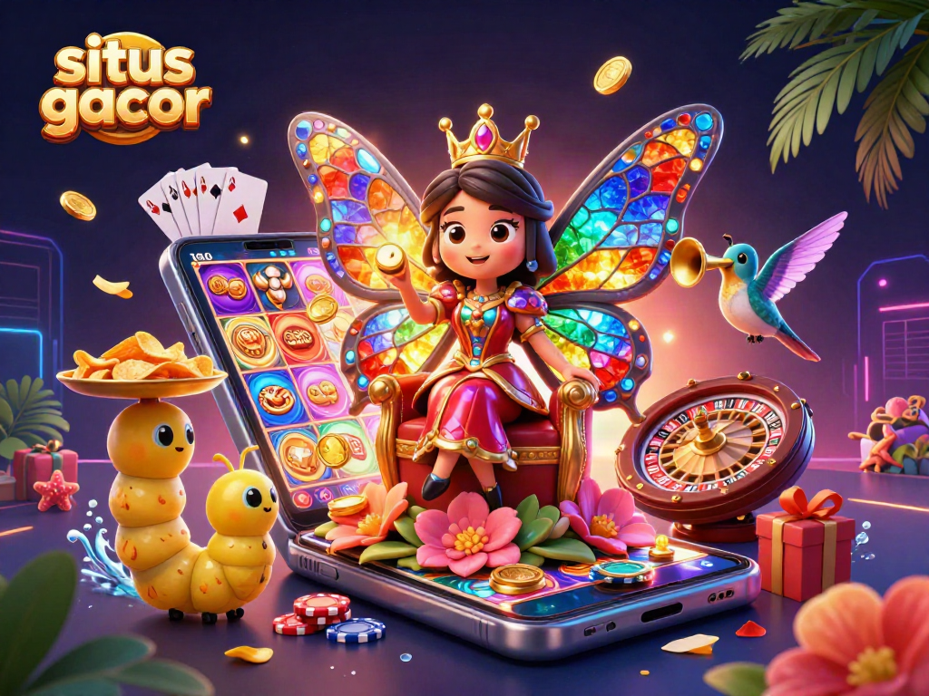 Engage with situs gacor in vibrant 3D illustration showcasing a butterfly queen, casino games, and colorful elements.