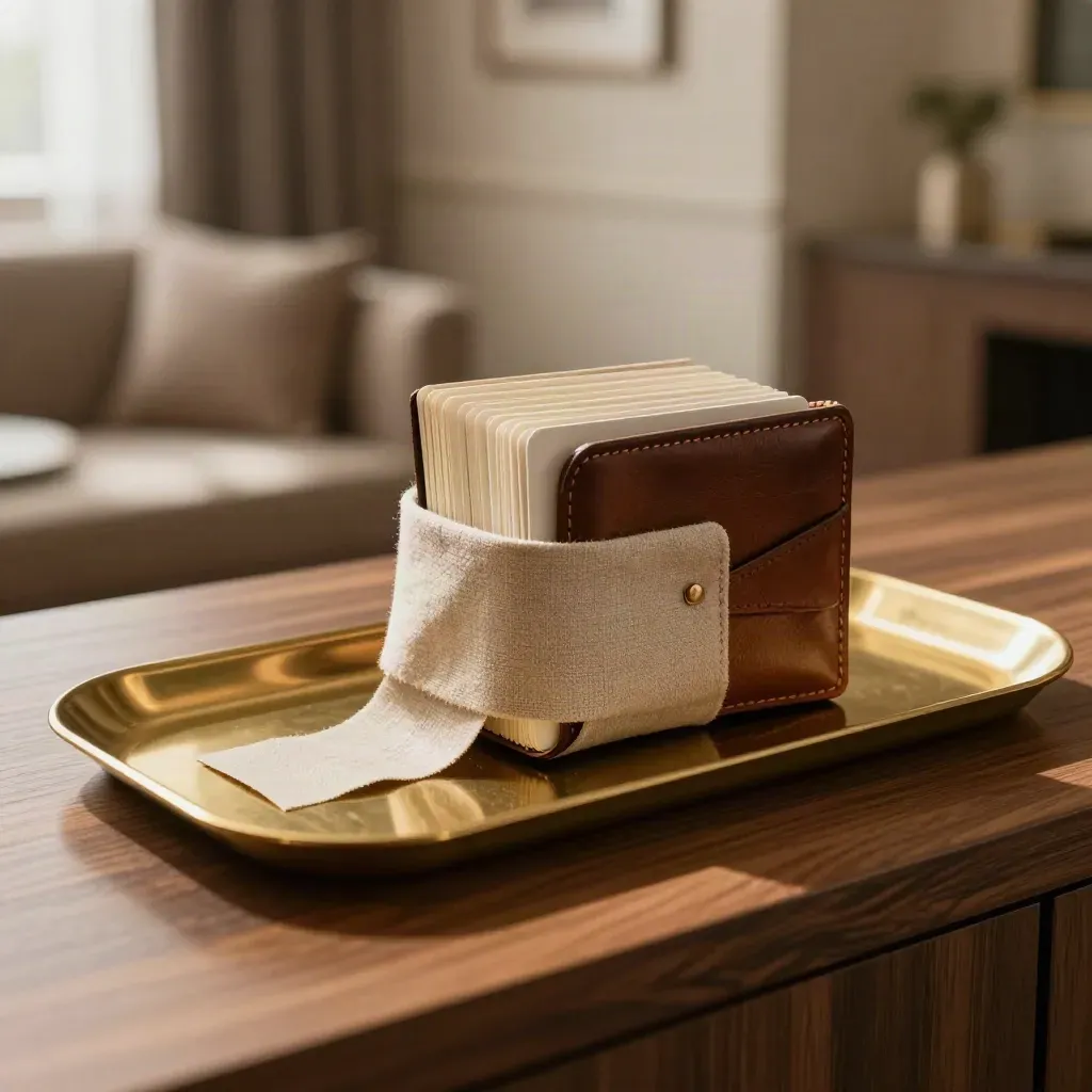 A hotel revenue strategy folio, ivory cards and brass tray sliding across walnut in soft daylight.