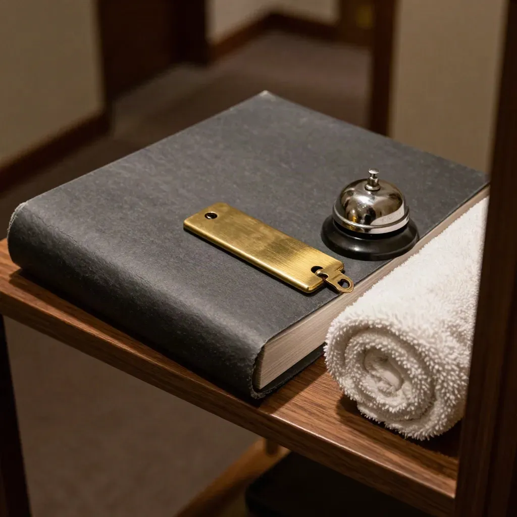 Slate audit folio, brass bell and rolled towel peeling open on a walnut corridor shelf.