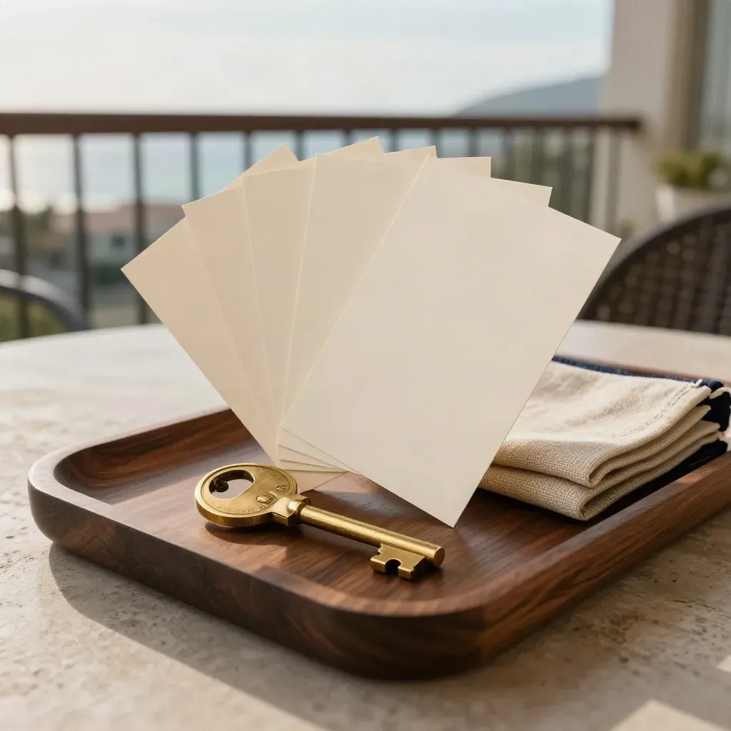 Brass key and blank cards in a dark walnut tray on a bright balcony table