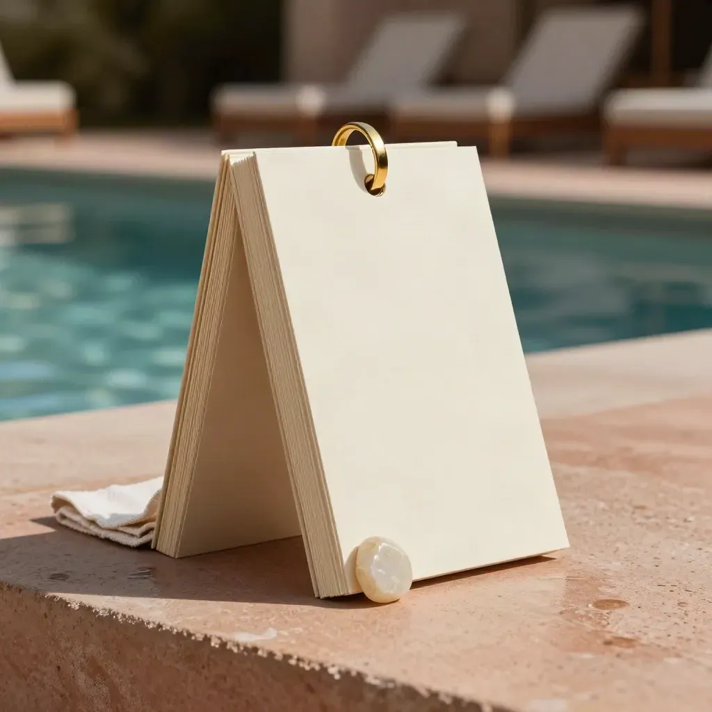 Brass-ring resort scorecard stack on honed concrete with stone chip and towel tag