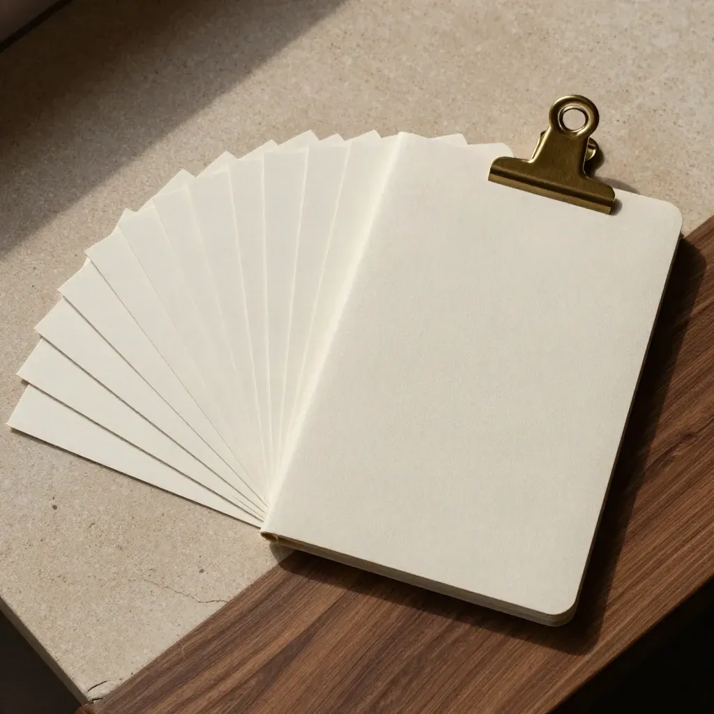 Overhead flatlay of hotel script cards, brass clip, and notebook on warm stone.