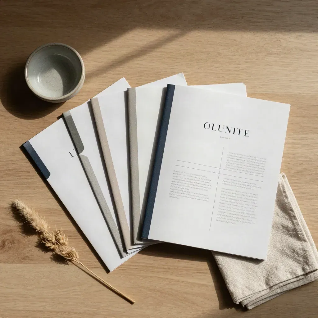 Overhead flat lay of a boutique inn launch plan folio with bowl, grasses, and napkin.