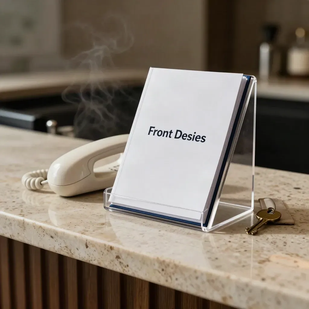 Front desk phone guide in a clear stand beside a handset and room key on travertine.