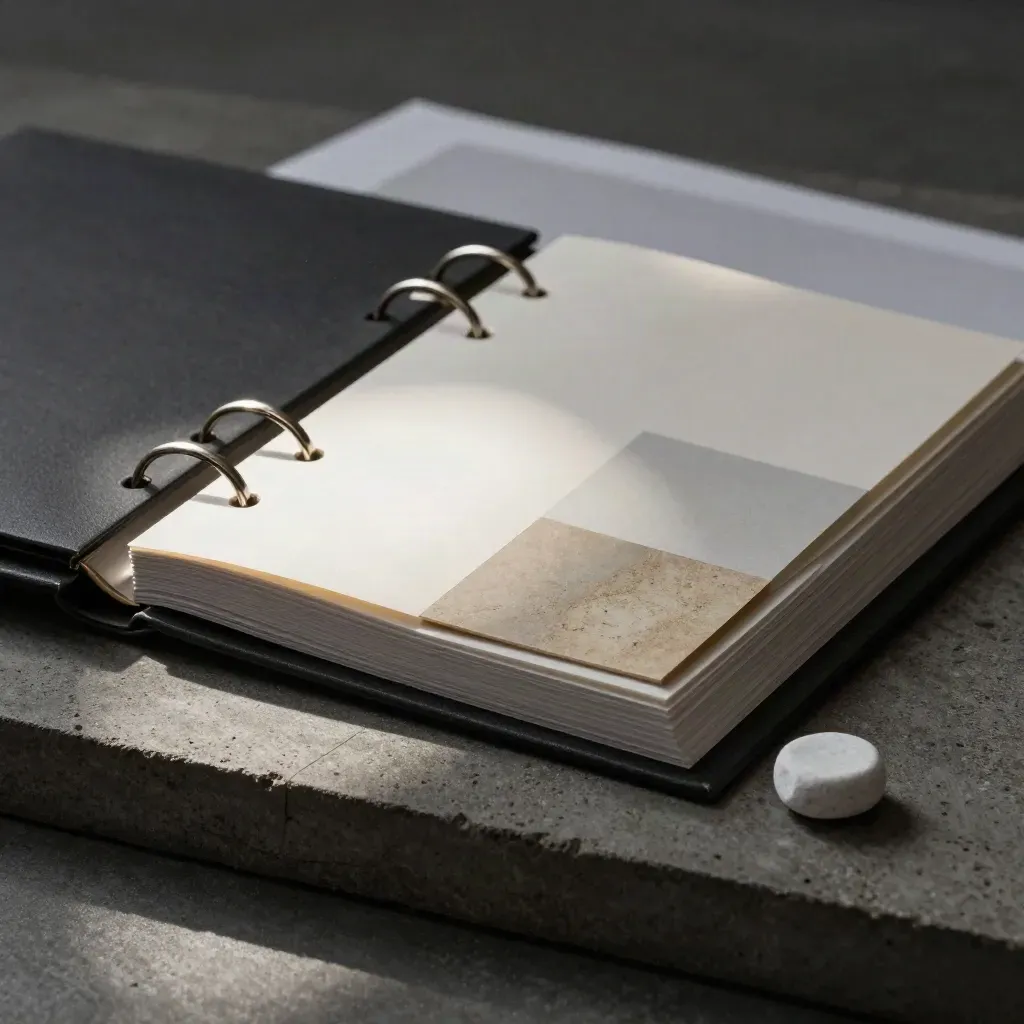Open consult folio with sample swatches and stone token on concrete, lit by a single bright band.