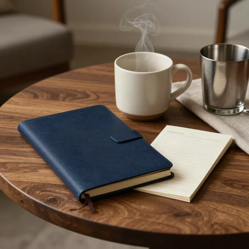 Owner check-in review kit with navy notebook, ceramic cup, and turned agenda card on walnut table.