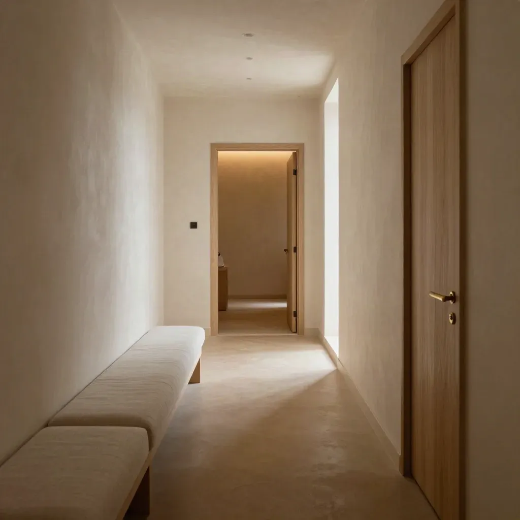 Sunlit guest-care corridor with cream plaster walls, linen bench, and warm doorway glow.
