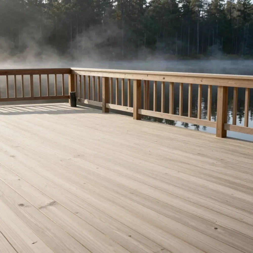 Cedar resort deck above a misty lake, pine canopy and reflections high in frame.