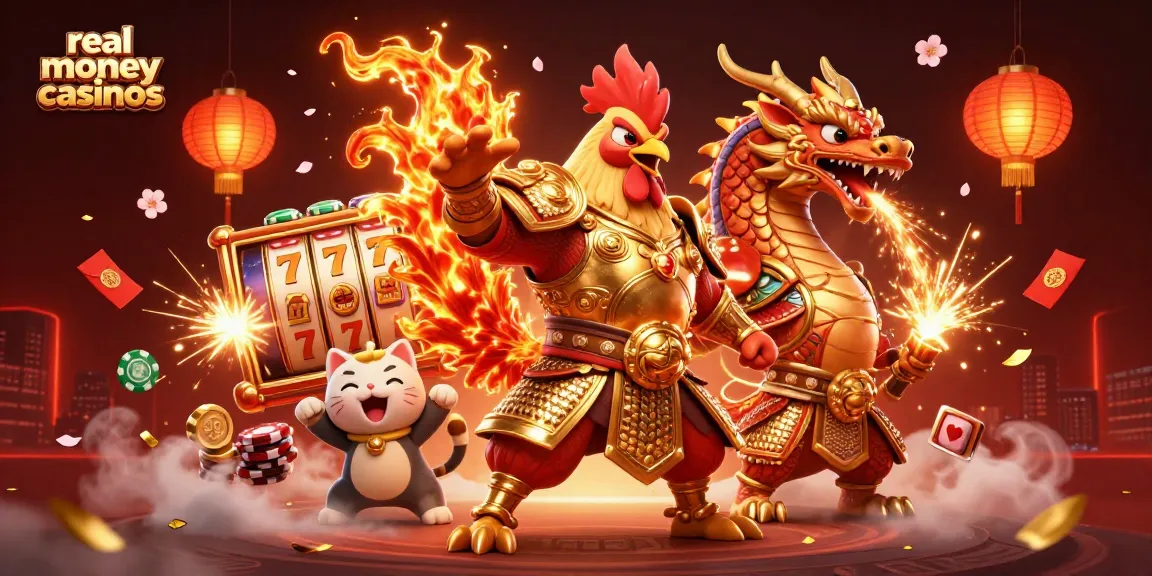 Engage in real money casinos with exciting winning moments featuring a warrior rooster, dragon, and fortune cat.