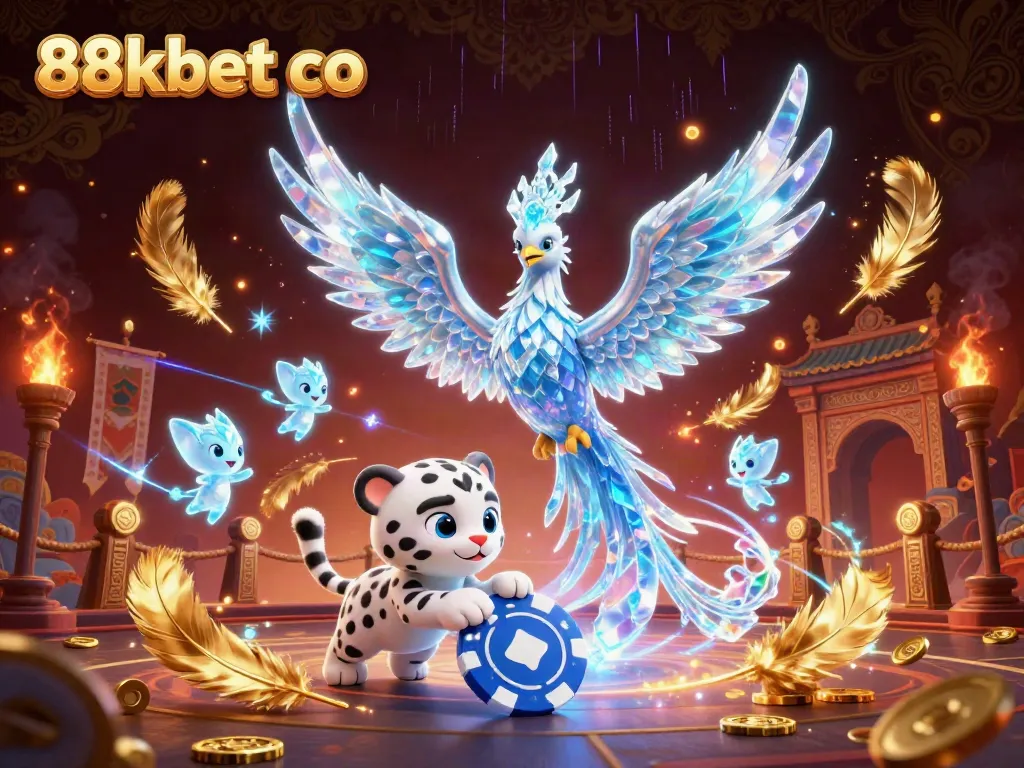 Experience the vibrant energy of 88kbet co with a dazzling fantasy scene featuring an ice phoenix and gaming elements.