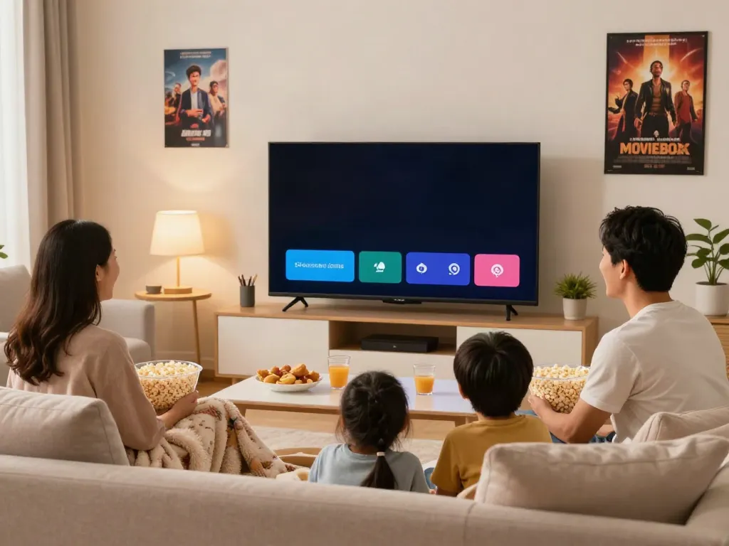 Enjoying a family movie night with the MovieBox online app on a smart TV.