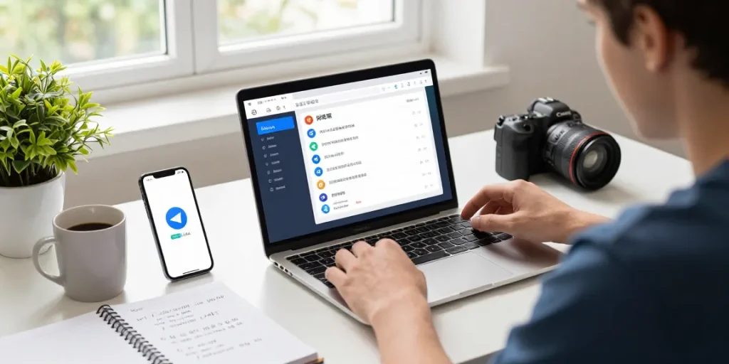 Adjusting Telegram Chinese language settings on a laptop in a bright workspace