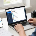Adjusting Telegram Chinese language settings on a laptop in a bright workspace