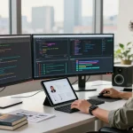 WPS Official Website depicted in a modern workspace with a software engineer coding.