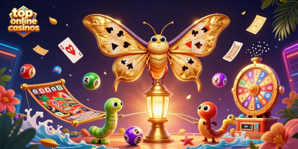 Engage with top online casinos through vibrant 3D imagery showcasing casino excitement and lottery fun.