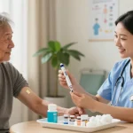Nurse assisting a patient using bd ultra fine pen needles in a bright healthcare setting.